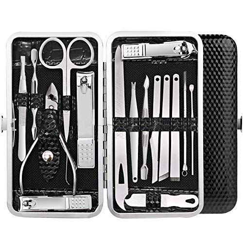  Manicure Pedicure 16 Tools Set Nail Clippers Stainless Steel Professional Nail Scissors Grooming Kits, Nail Tools with Leather Case